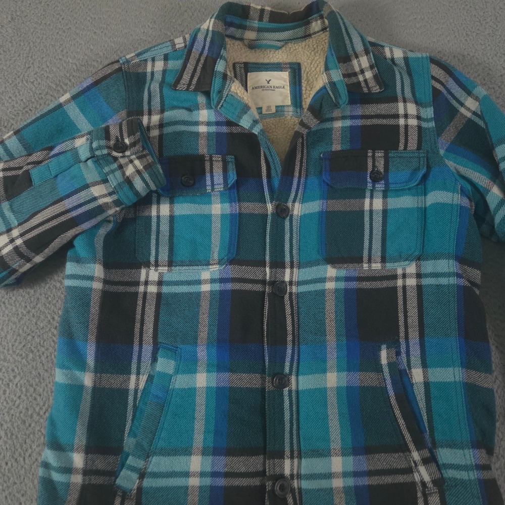 American Eagle Jacket Mens Large Tall Blue Plaid Sherpa Lined Flannel Shacket